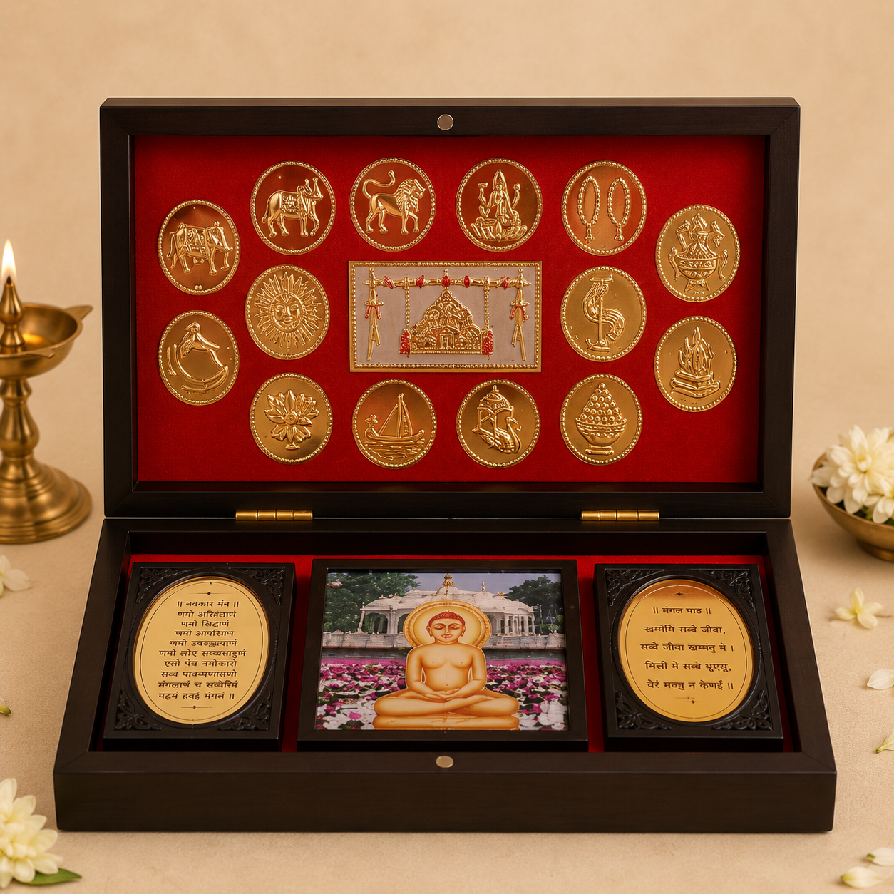 Premium Jain 14 Swapna Wooden Gift Box | 14 Swapna Set for Home & Gifting