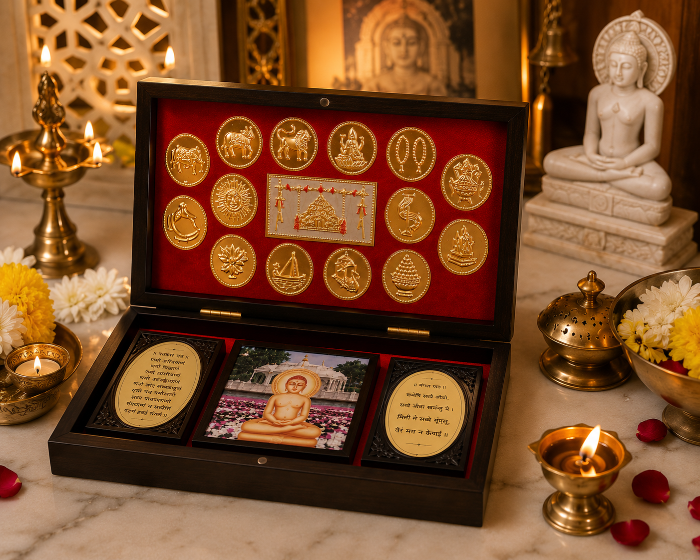 Premium Jain 14 Swapna Wooden Gift Box | 14 Swapna Set for Home & Gifting
