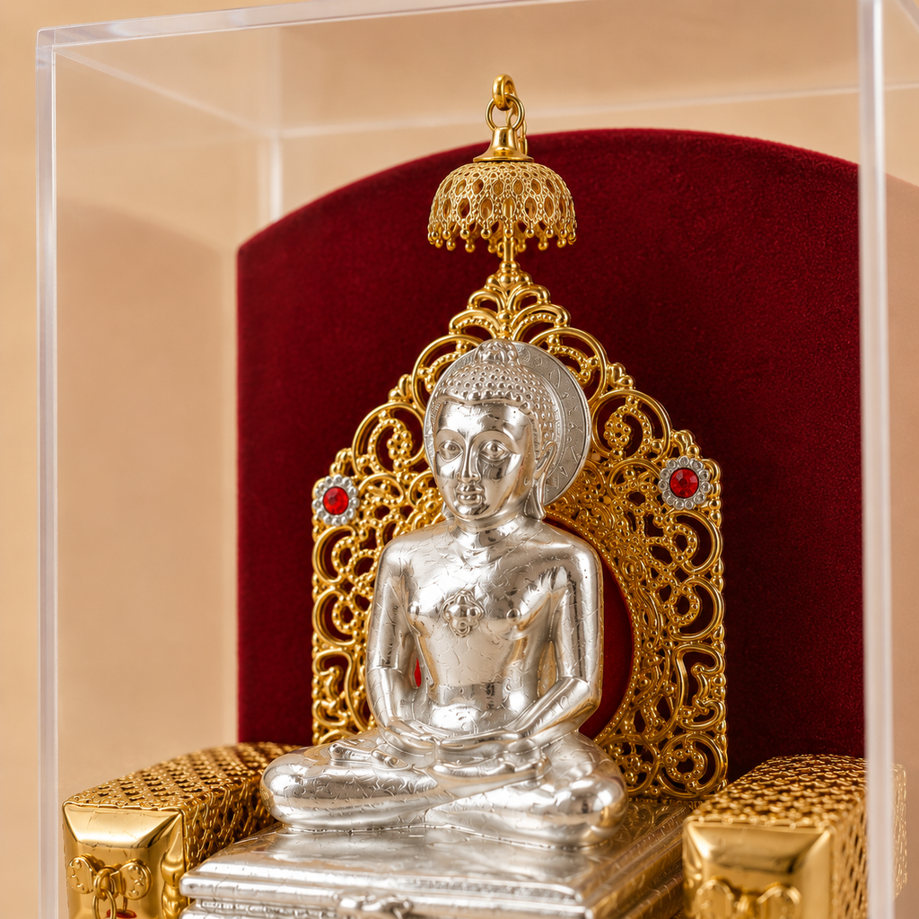 Shri Mahavir Swami Murti (999 Silver Plated) with Case | Jain Idol for Home & Gifting