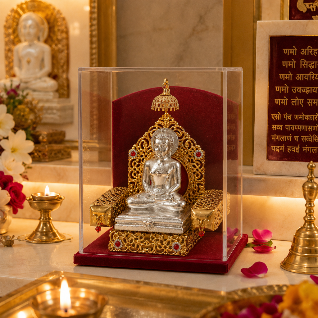 Shri Mahavir Swami Murti (999 Silver Plated) with Case | Jain Idol for Home & Gifting