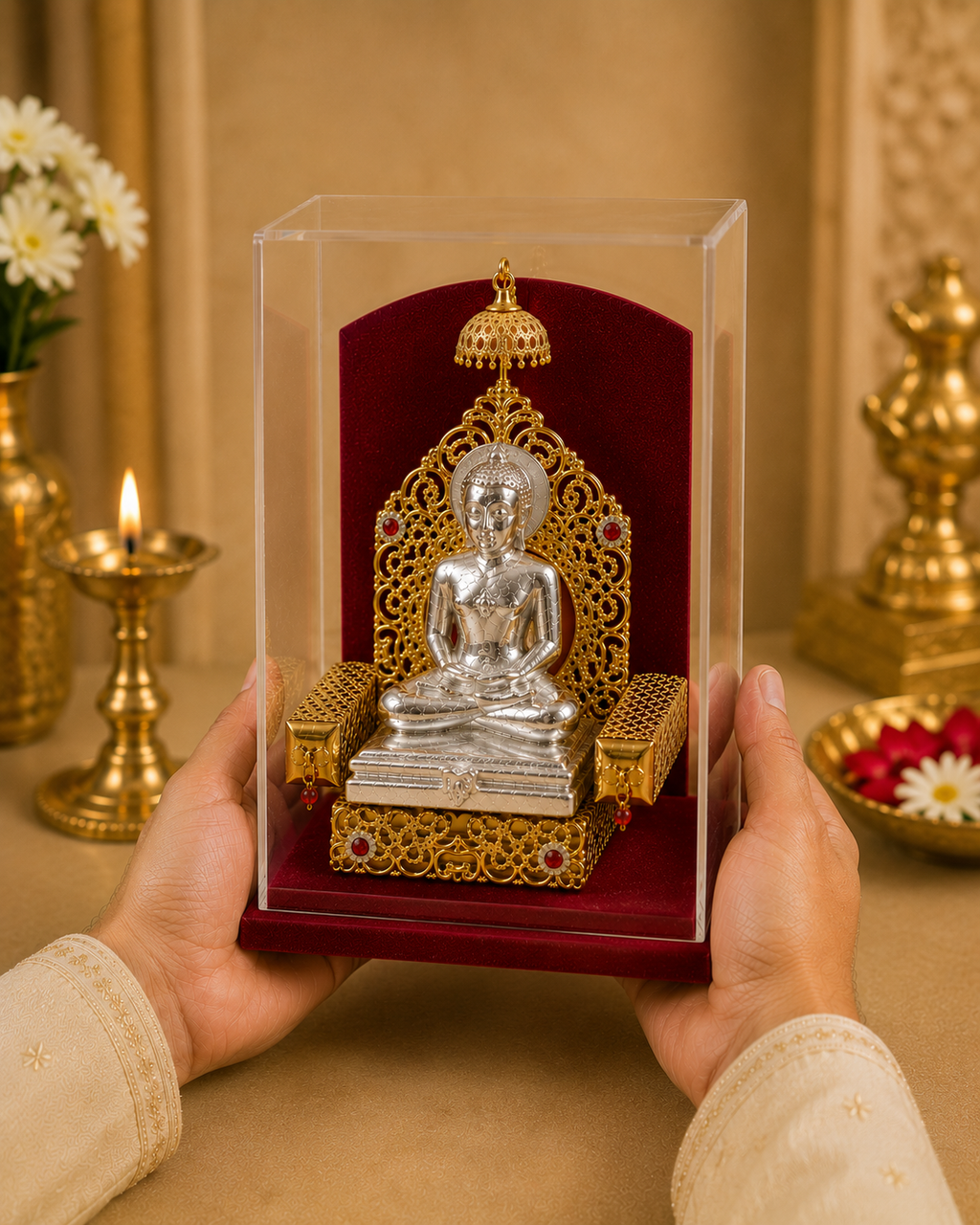 Shri Mahavir Swami Murti (999 Silver Plated) with Case | Jain Idol for Home & Gifting