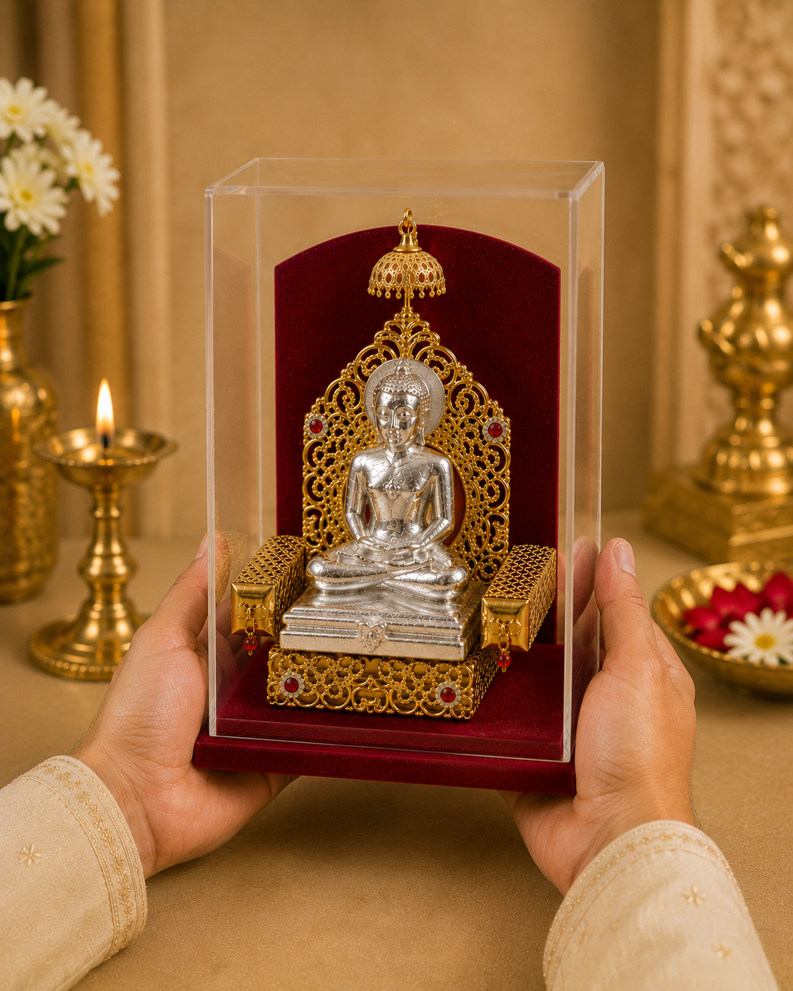 Shri Mahavir Swami Murti (999 Silver Plated) with Case | Jain Idol for Home & Gifting
