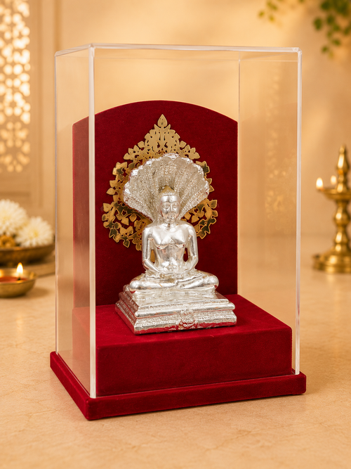 Shri Parasnath Swami Murti with Sheshnag (999 Silver Plated) | Jain Idol with Case for Home & Gifting