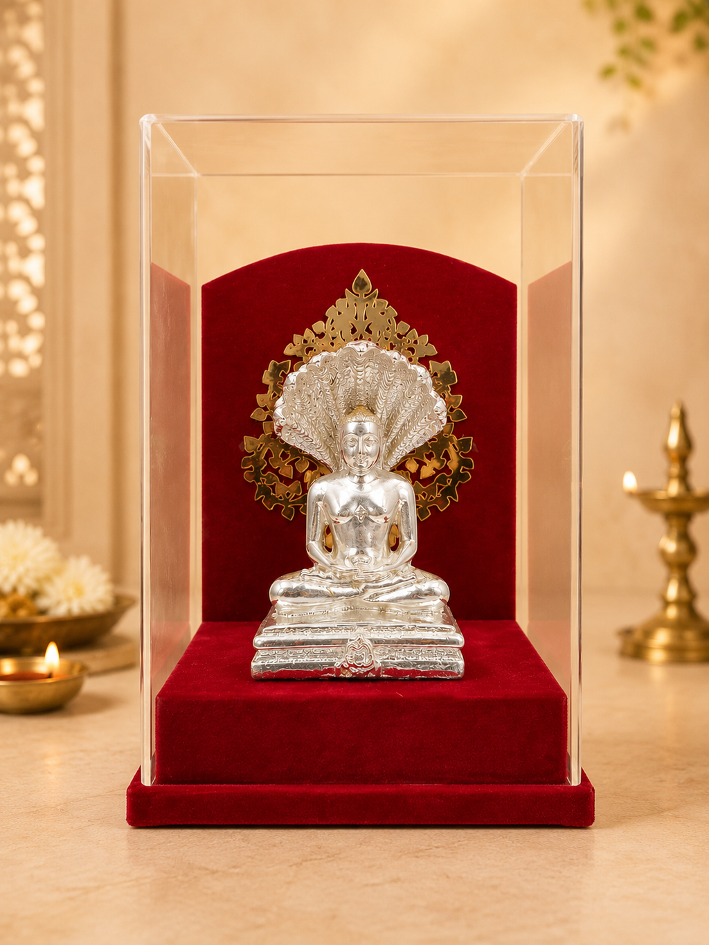 Shri Parasnath Swami Murti with Sheshnag (999 Silver Plated) | Jain Idol with Case for Home & Gifting