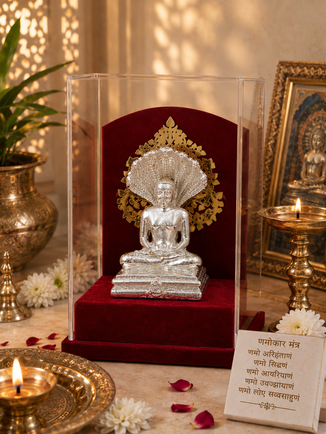 Shri Parasnath Swami Murti with Sheshnag (999 Silver Plated) | Jain Idol with Case for Home & Gifting