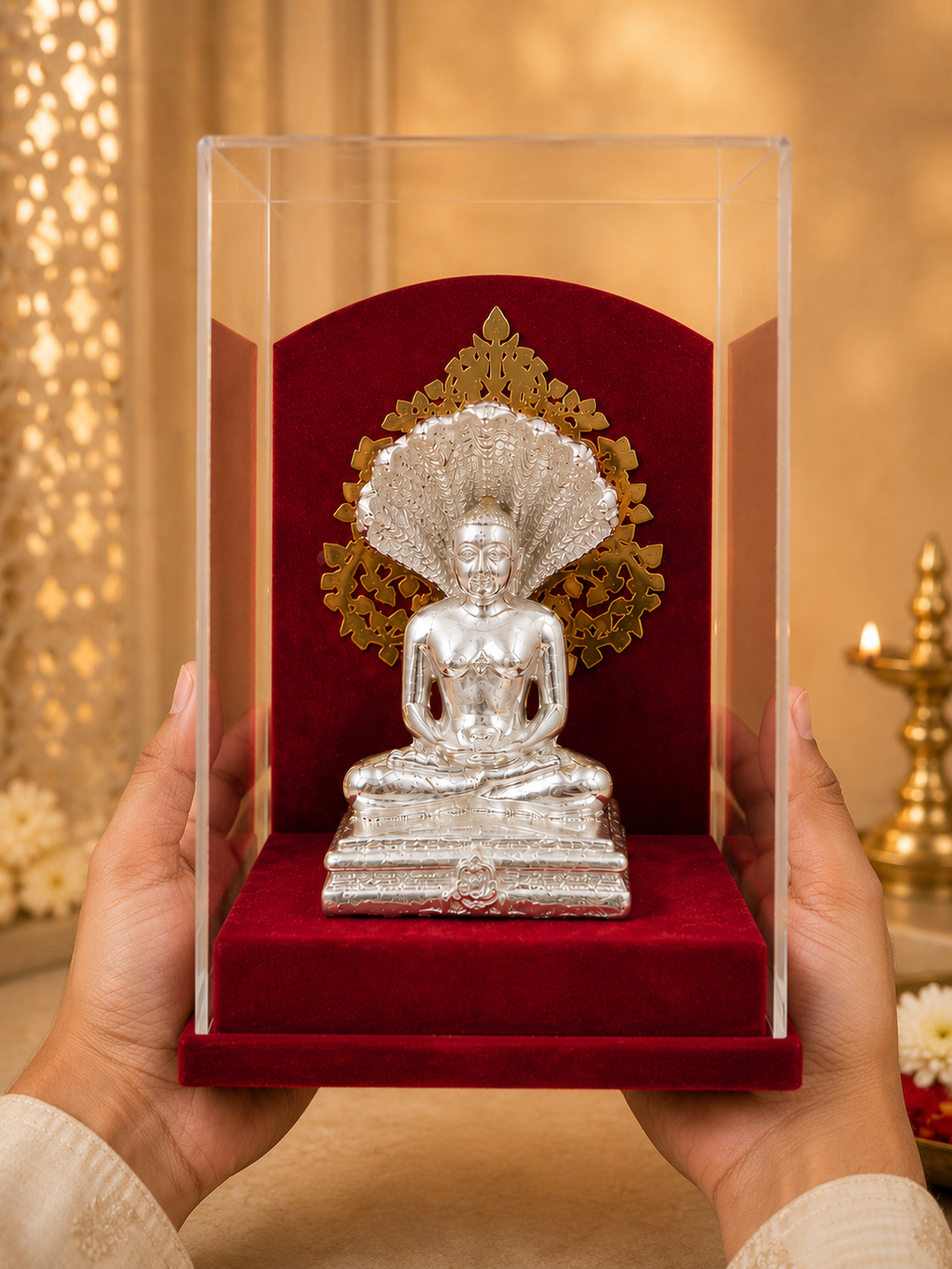 Shri Parasnath Swami Murti with Sheshnag (999 Silver Plated) | Jain Idol with Case for Home & Gifting