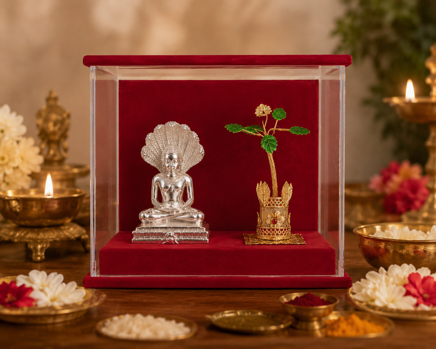 Shri Parasnath Bhagwaan Murti with Sheshnaag & Dhataaki Tree (999 Silver & Gold Plated) with Case