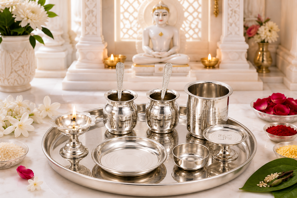 Silver Plated Jain Pooja Thali Set 11 Pcs – Complete Ritual Kit